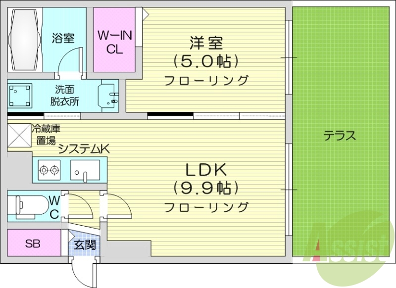 1LDK、システムキッチン、都市ガス、エアコン