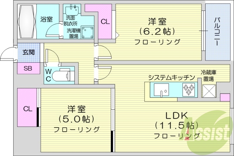 2LDK、都市ガス、エアコン、浴室乾燥機、システムキッチン