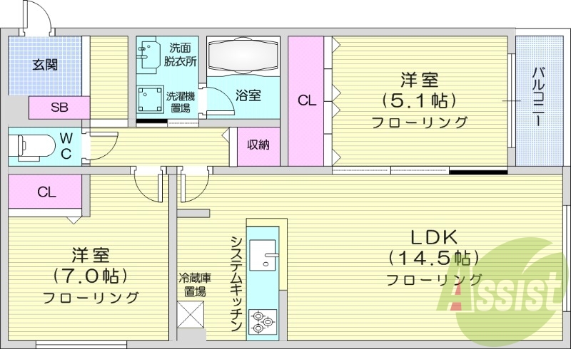 2LDK、都市ガス、エアコン、浴室乾燥機、システムキッチン