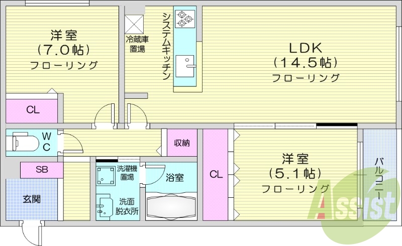 2LDK、都市ガス、エアコン、浴室乾燥機、システムキッチン