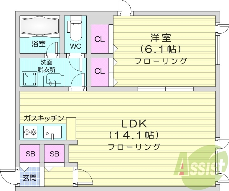 1LDK、角部屋、オートロック、灯油暖房