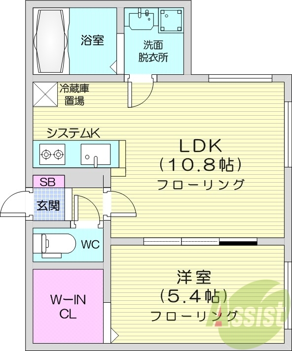 1LDK、都市ガス、エアコン、システムキッチン、独立洗面台