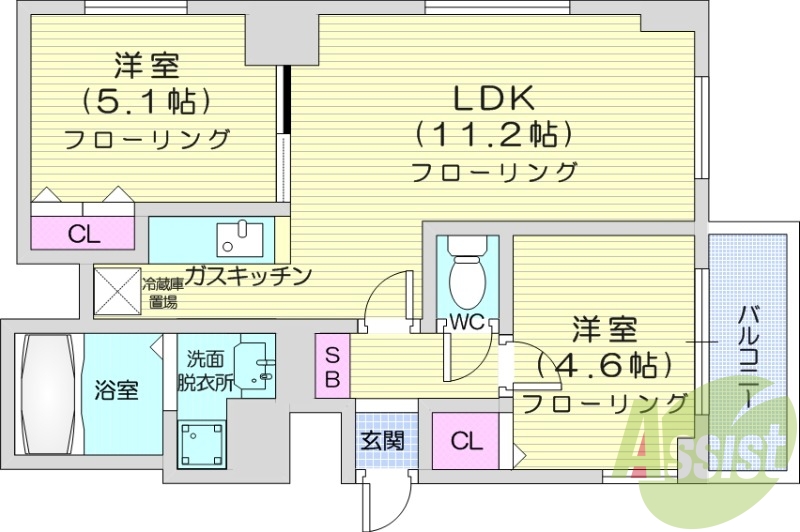 2LDK、独立洗面台、モニター付きインターホン、宅配BOX