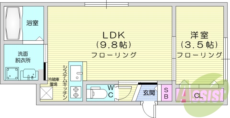 1LDK、エアコン、システムキッチン、ネット無料