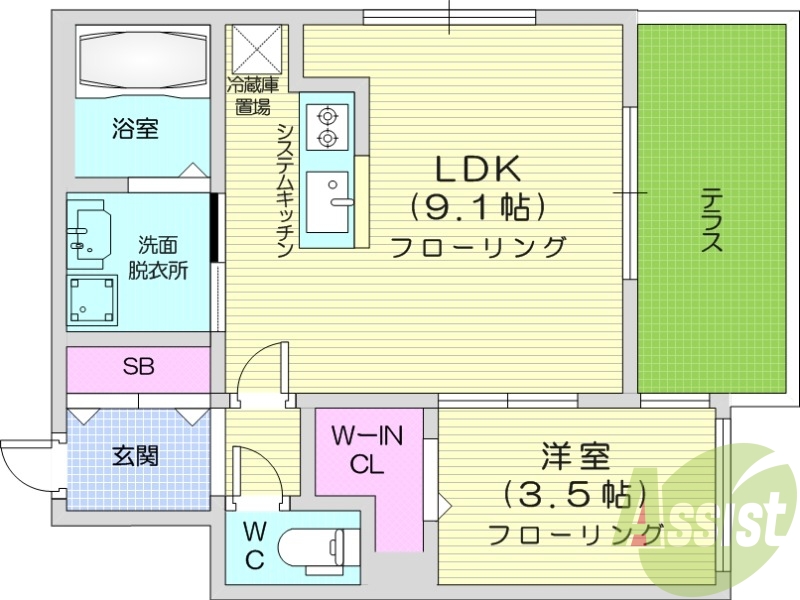 1LDK、エアコン、システムキッチン、ネット無料