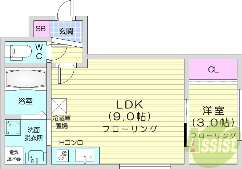1LDK、オートロック、日当たり良好、クローゼット