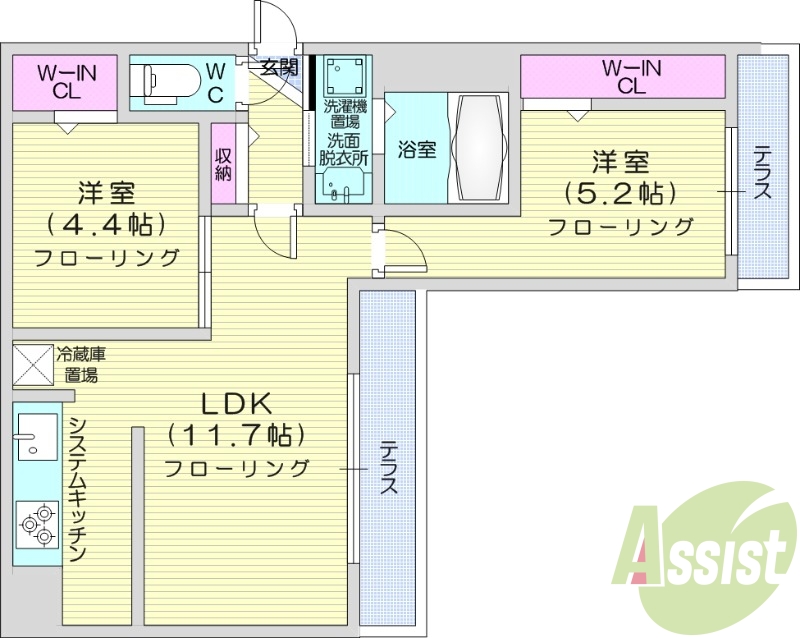 2LDK、エアコン、オートロック、ネット無料
