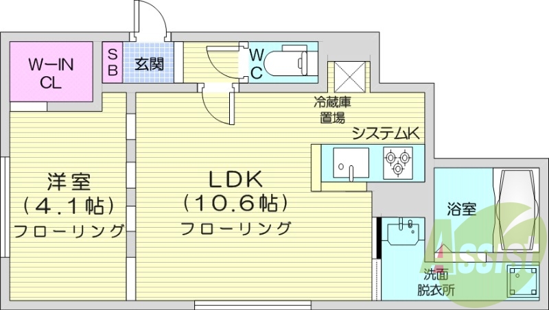 1LDK、エアコン、浴室乾燥機、システムキッチン