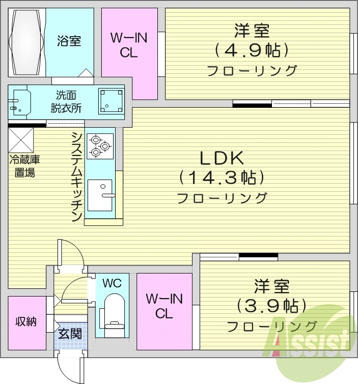 2LDK、エアコン、浴室乾燥機、システムキッチン