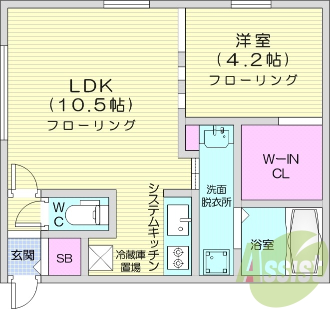 1LDK、エアコン、浴室乾燥機、システムキッチン