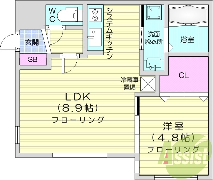 1LDK、エアコン、ネット無料、システムキッチン