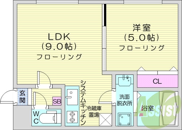 1LDK、システムキッチン、ネット無料、灯油暖房