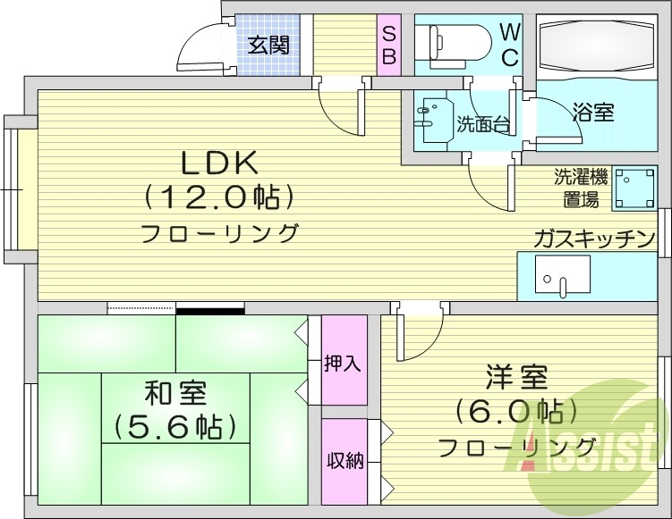 2LDK、角部屋、最上階、灯油暖房、独立洗面台