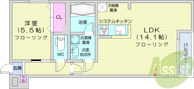 1LDK、都市ガス、エアコン、追い焚き、システムキッチン