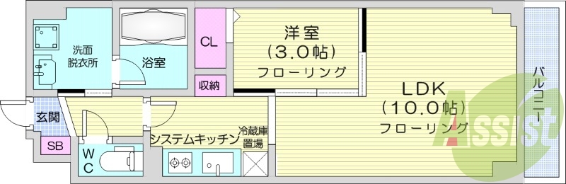 1LDK、オートロック、都市ガス、システムキッチン