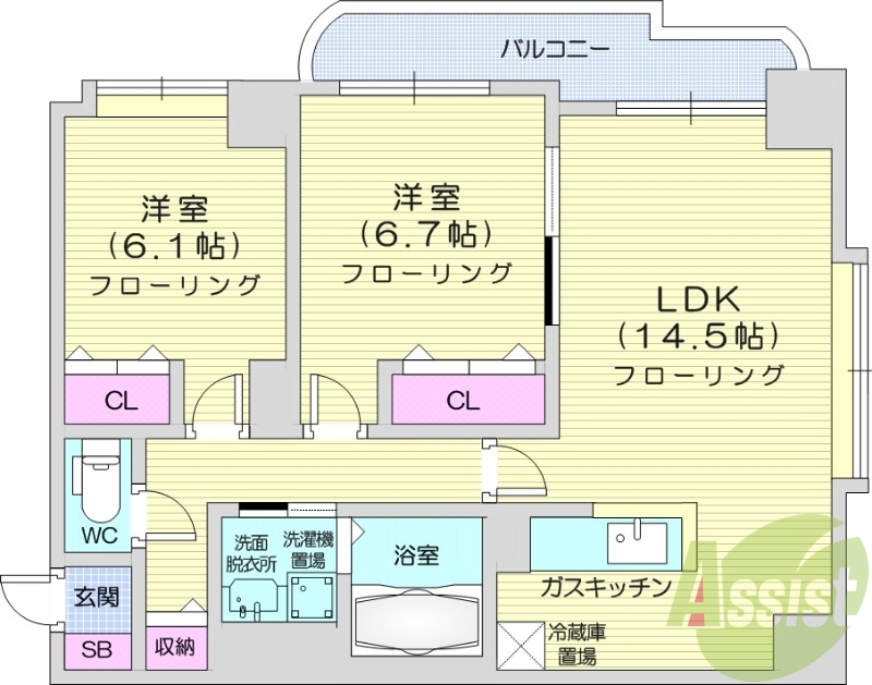 2LDK、オートロック、灯油暖房、エレベーター、バルコニー