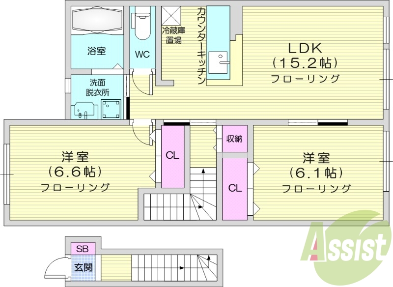 2LDK、追い焚き、カウンターキッチン、シャワートイレ