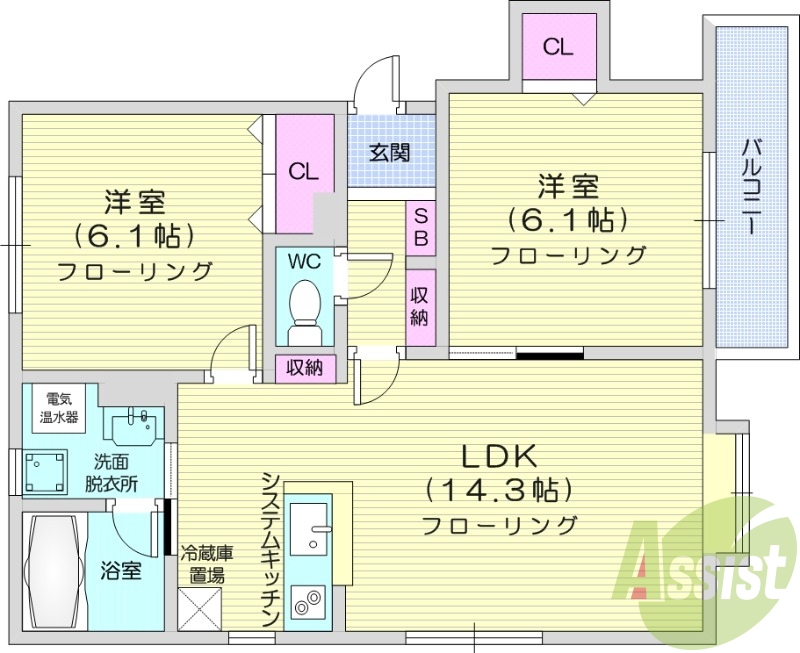 2LDK、オール電化、バルコニー、トランクルーム