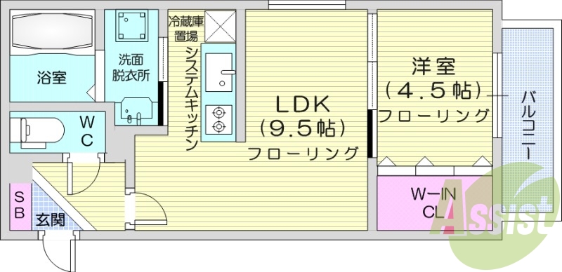 1LDK、エアコン、独立洗面台、システムキッチン、バルコニー
