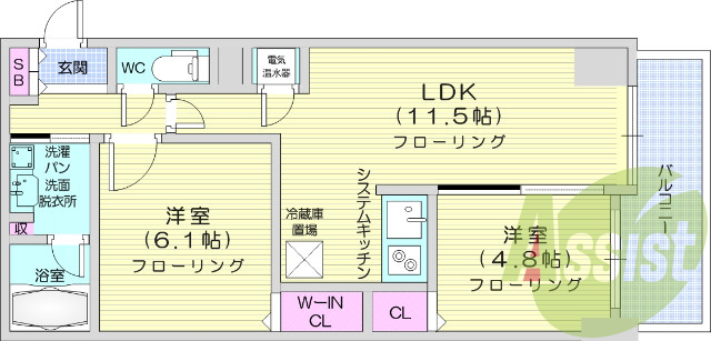 2LDK、オール電化、独立洗面台、ウォークインクローゼット