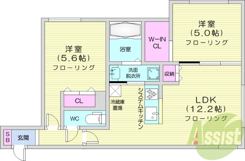 2LDK、都市ガス、エアコン、システムキッチン