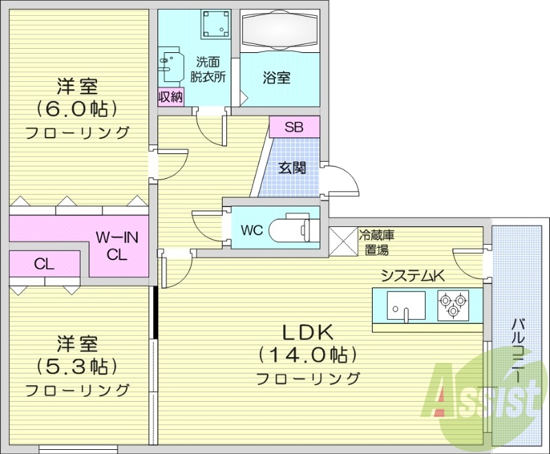 2LDK、都市ガス、システムキッチン、オートロック