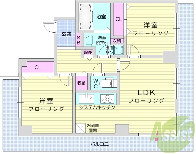 2LDK、IHシステムキッチン、バルコニー、ディスポーザー