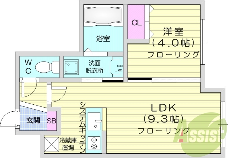1LDK、都市ガス、システムキッチン、エアコン、オートロック