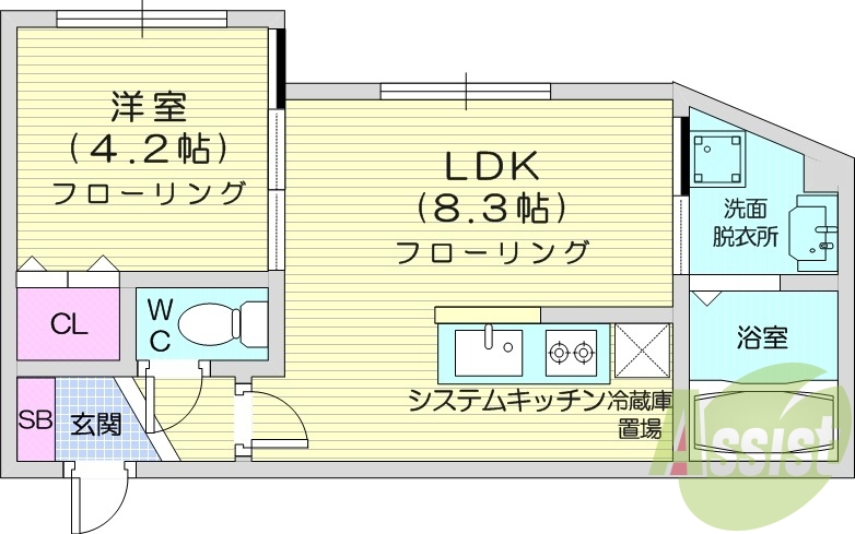 1LDK、都市ガス、システムキッチン、エアコン、オートロック