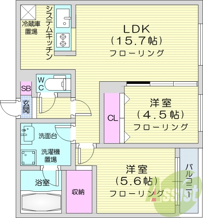 2LDK、都市ガス、エアコン、エレベーター、追い焚き