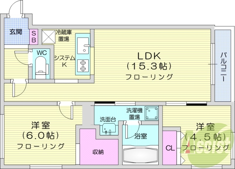 2LDK、都市ガス、エアコン、エレベーター、追い焚き