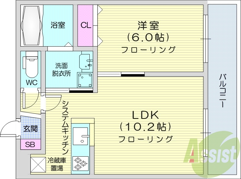 1LDK、都市ガス、エアコン、システムキッチン