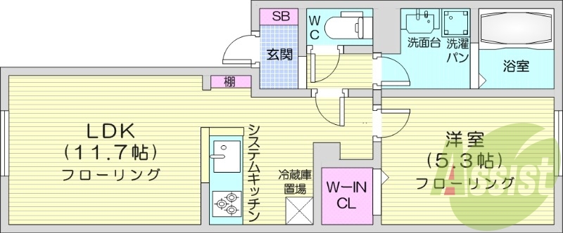 1LDK、エアコン、ネット無料、システムキッチン