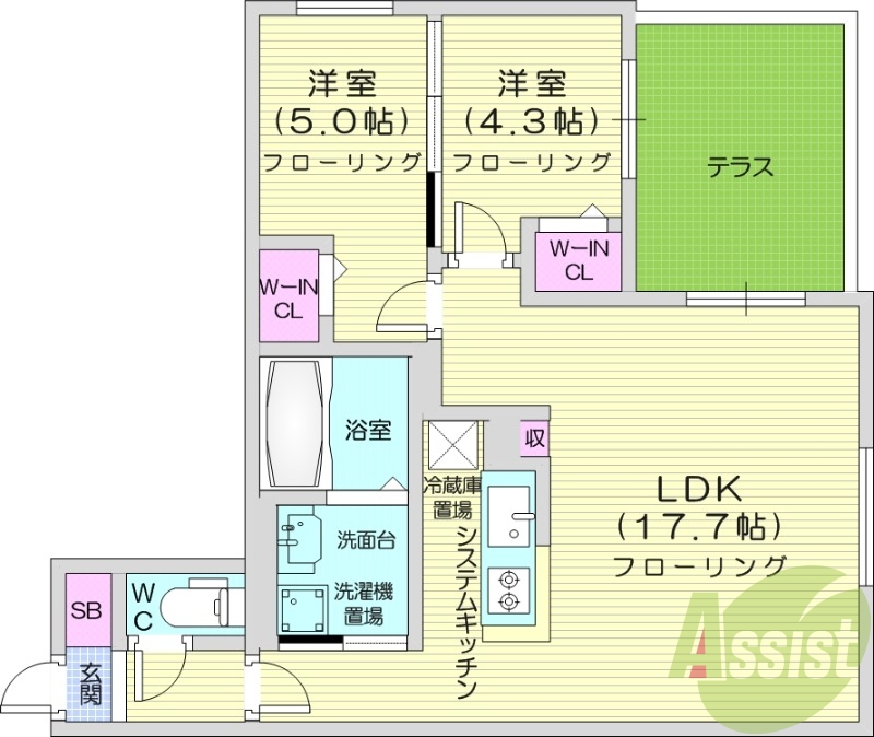 2LDK、エアコン、システムキッチン、宅配ボックス