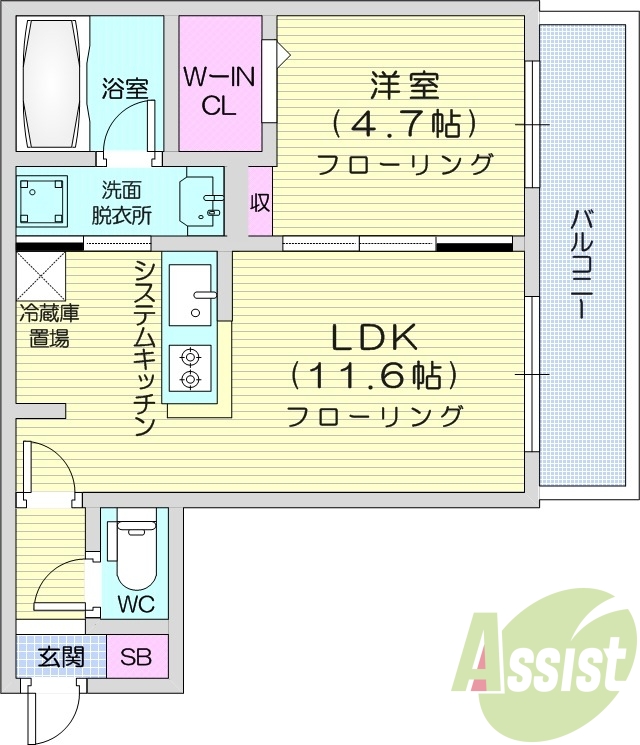 1LDK、エアコン、システムキッチン、宅配ボックス