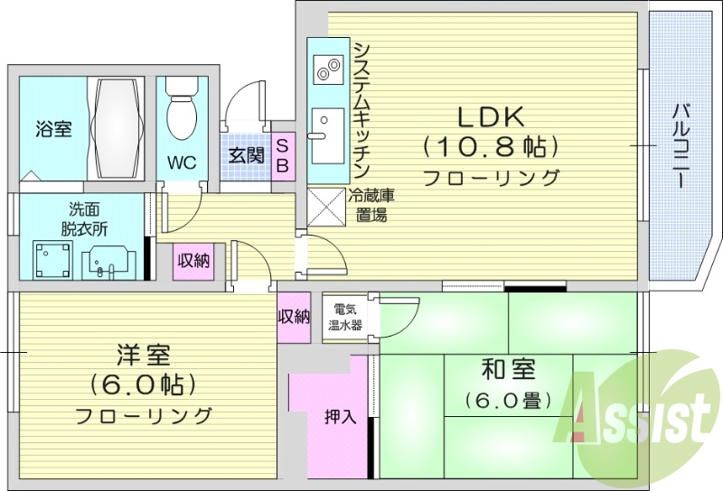 2LDK、オール電化、システムキッチン、バルコニー