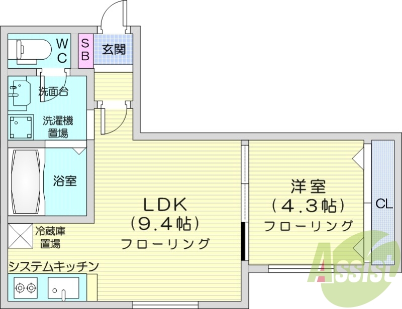 1LDK、エアコン、独立洗面台、システムキッチン