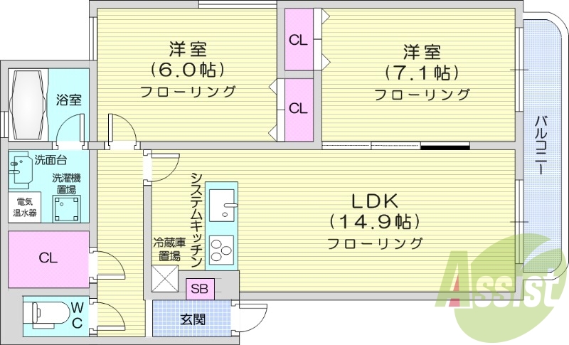 2LDK、電気暖房、システムキッチン、オートロック