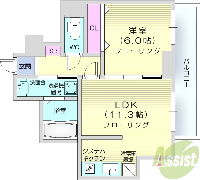 1LDK、システムキッチン、洗髪洗面化粧台、トランクルーム