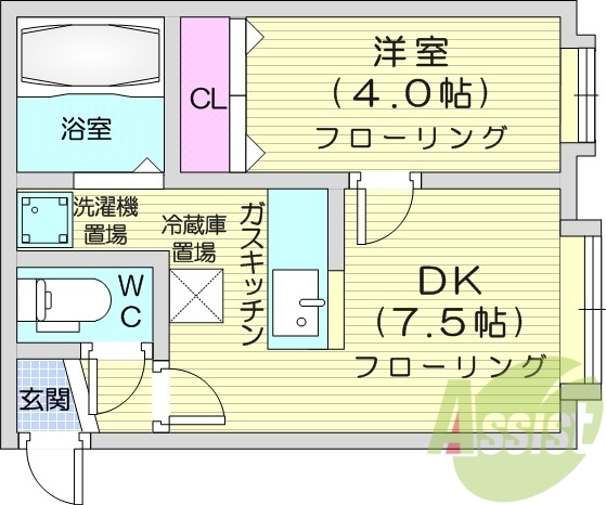 1DK、対面キッチン、灯油暖房、バストイレ別、クローゼット