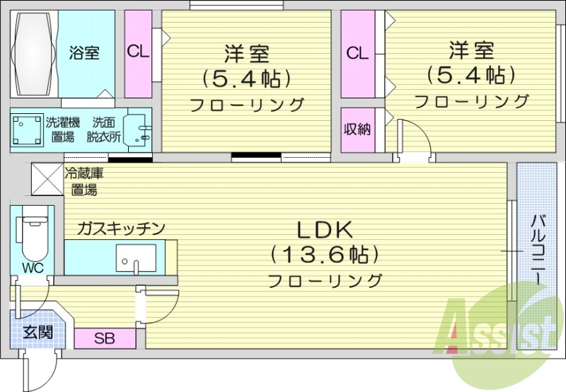 2LDK、都市ガス、ガス暖房、オートロック