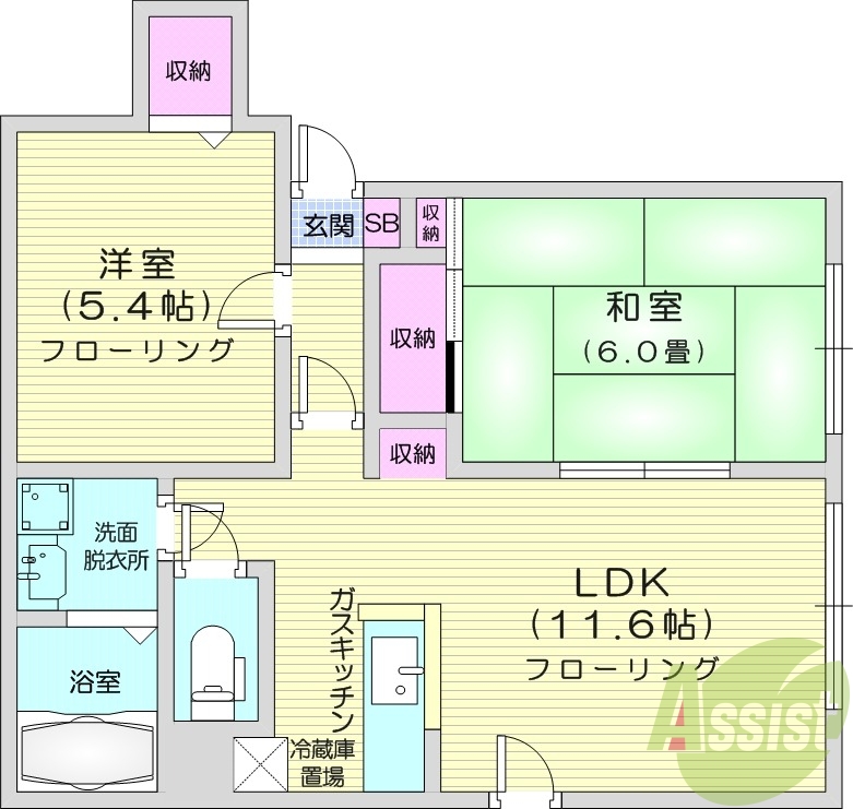 2LDK、都市ガス、灯油暖房、角部屋、最上階