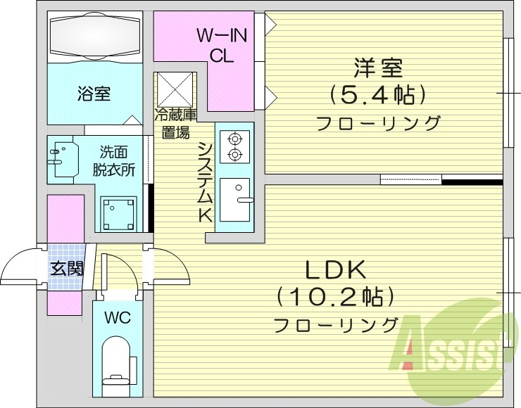 1LDK、エアコン、都市ガス、システムキッチン