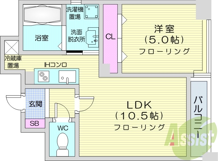 1LDK、IHクッキングヒーター、独立洗面台、灯油暖房