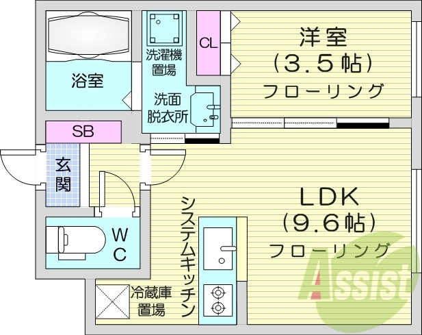 1LDK、都市ガス、エアコン、独立洗面台