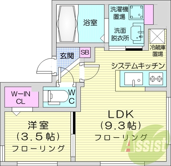 1LDK、都市ガス、エアコン、独立洗面台