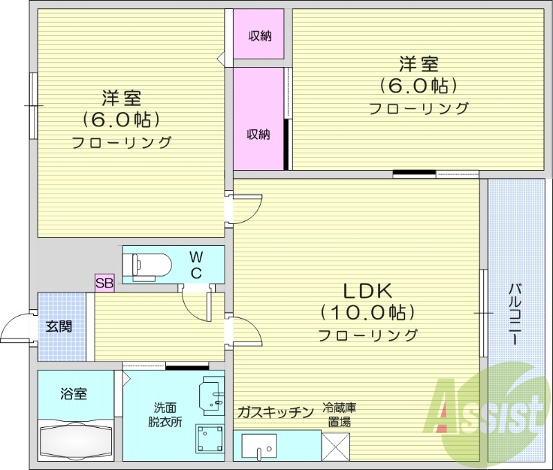 2LDK、独立洗面台、シャワートイレ、モニタ付インターホン