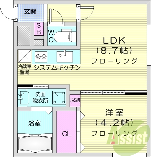 1LDK、エアコン、システムキッチン、ネット無料、灯油暖房