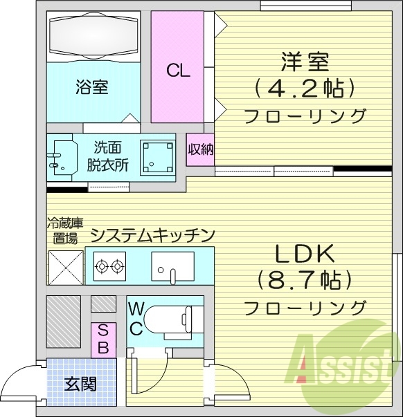 1LDK、エアコン、システムキッチン、ネット無料、灯油暖房