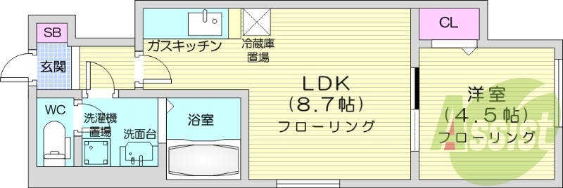 1LDK、モニタ付インターホン、宅配ボックス、シャワートイレ